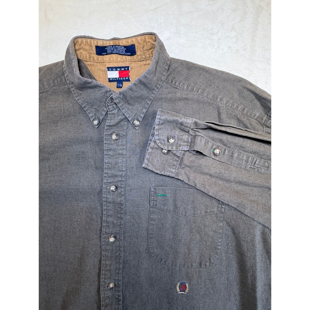 Tommy Hilfiger Brown Vintage Linen Blend Button Down Shirt Mens Large Excellent
